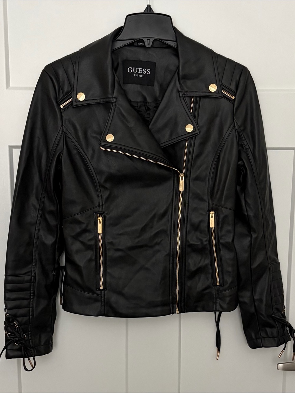 Guess Black Faux-Leather Moto Biker Lace-Up Jacket with Gold Hardware Medium